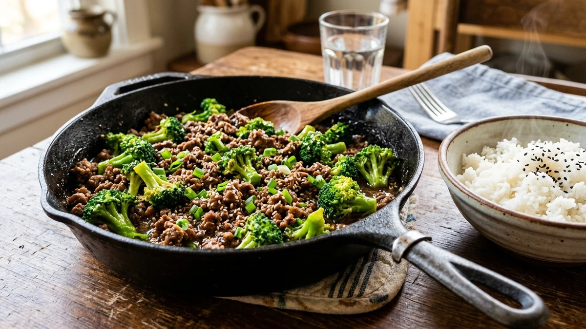 30-Minute Gluten-Free Ground Beef and Broccoli Skillet Recipe cooked to perfection - Yumaroma