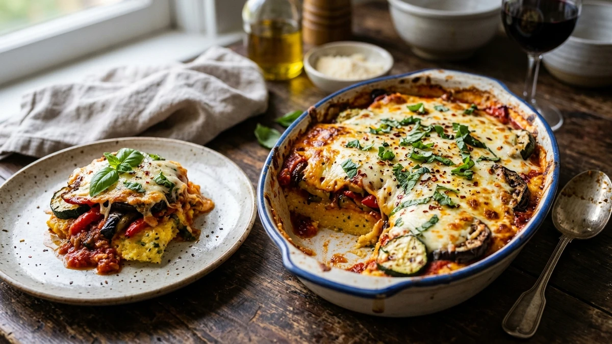 Cheesy Grilled Vegetable Polenta Casserole cooked to perfection - Yumaroma