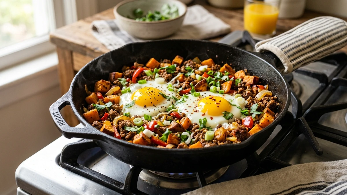 Healthy Sweet Potato and Ground Beef Skillet Hash Recipe cooked to perfection - Yumaroma