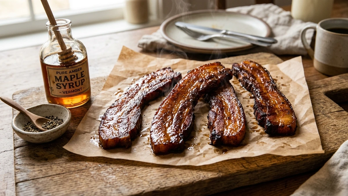 Homemade Maple Brown Sugar Cured Bacon Recipe cooked to perfection - Yumaroma