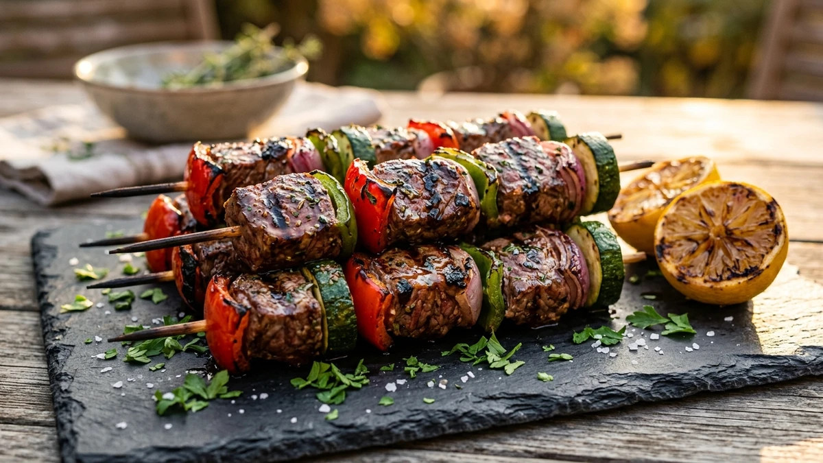 Grilled Marinated Beef & Veggie Kebabs cooked to perfection - Yumaroma