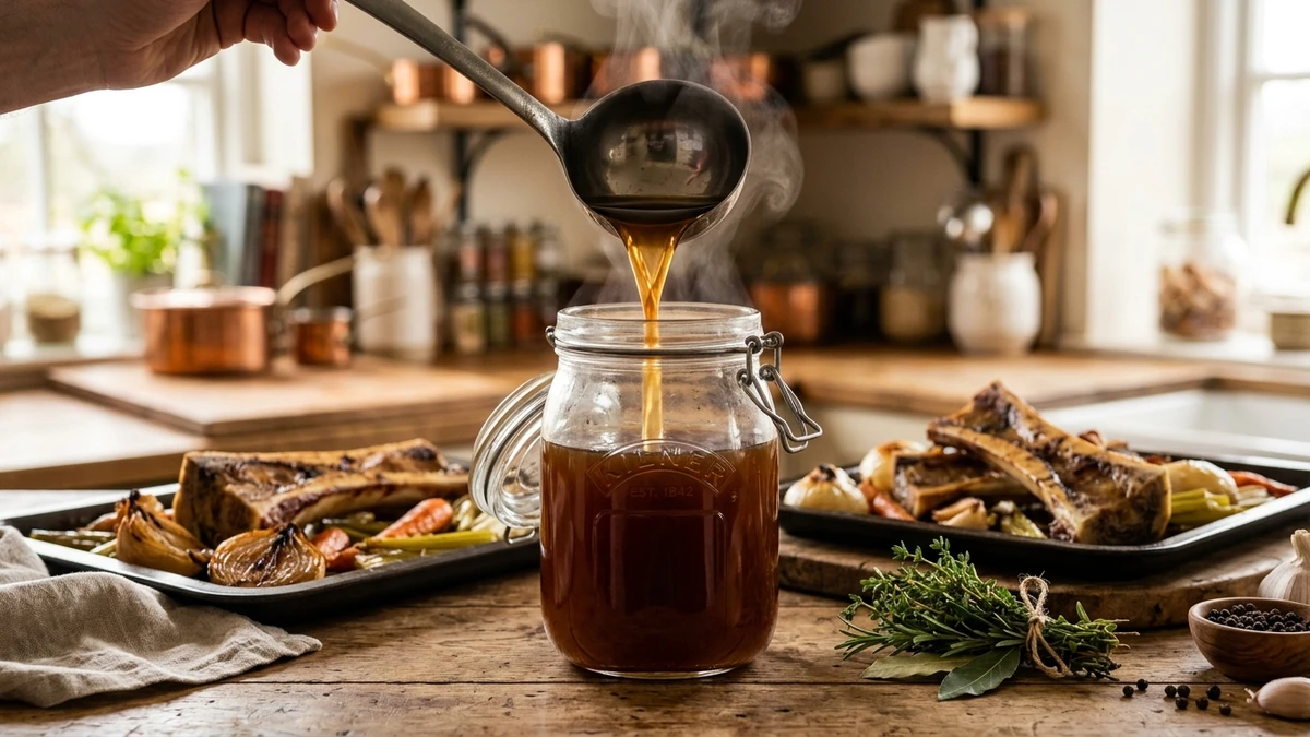 Rich Homemade Roasted Beef Meat Stock Recipe cooked to perfection - Yumaroma