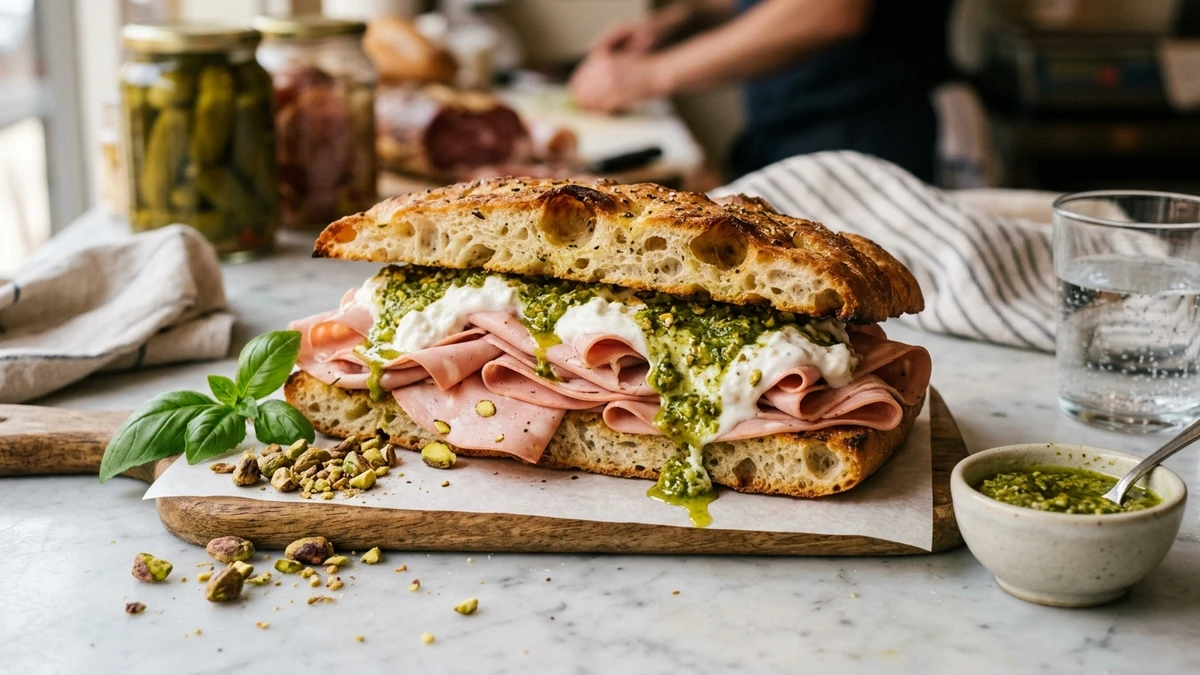 Authentic Italian Mortadella & Pistachio Pesto Sandwich Recipe cooked to perfection - Yumaroma