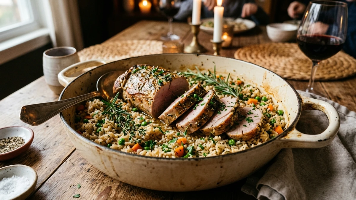 One-Pot Garlic Herb Pork Tenderloin & Brown Rice Recipe cooked to perfection - Yumaroma