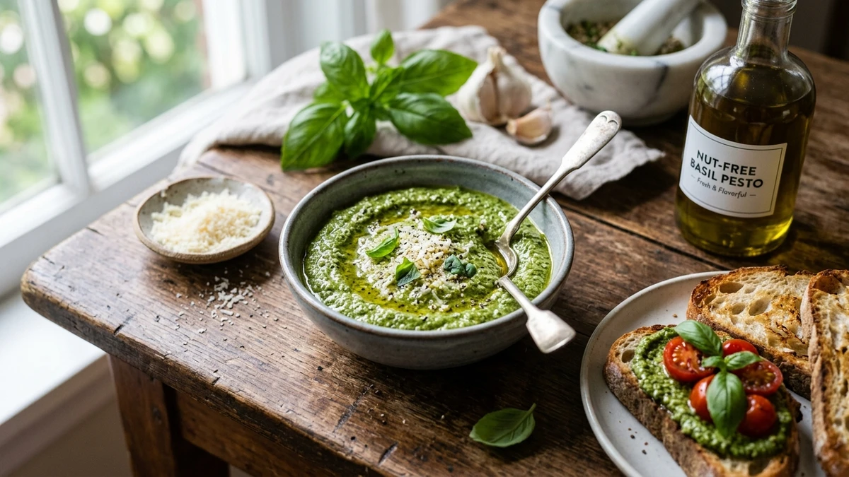 Nut-Free Basil Pesto Recipe cooked to perfection - Yumaroma