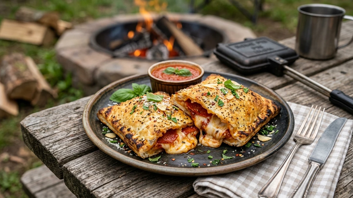 Campfire Pie Iron Garlic Pizza Pockets Recipe cooked to perfection - Yumaroma