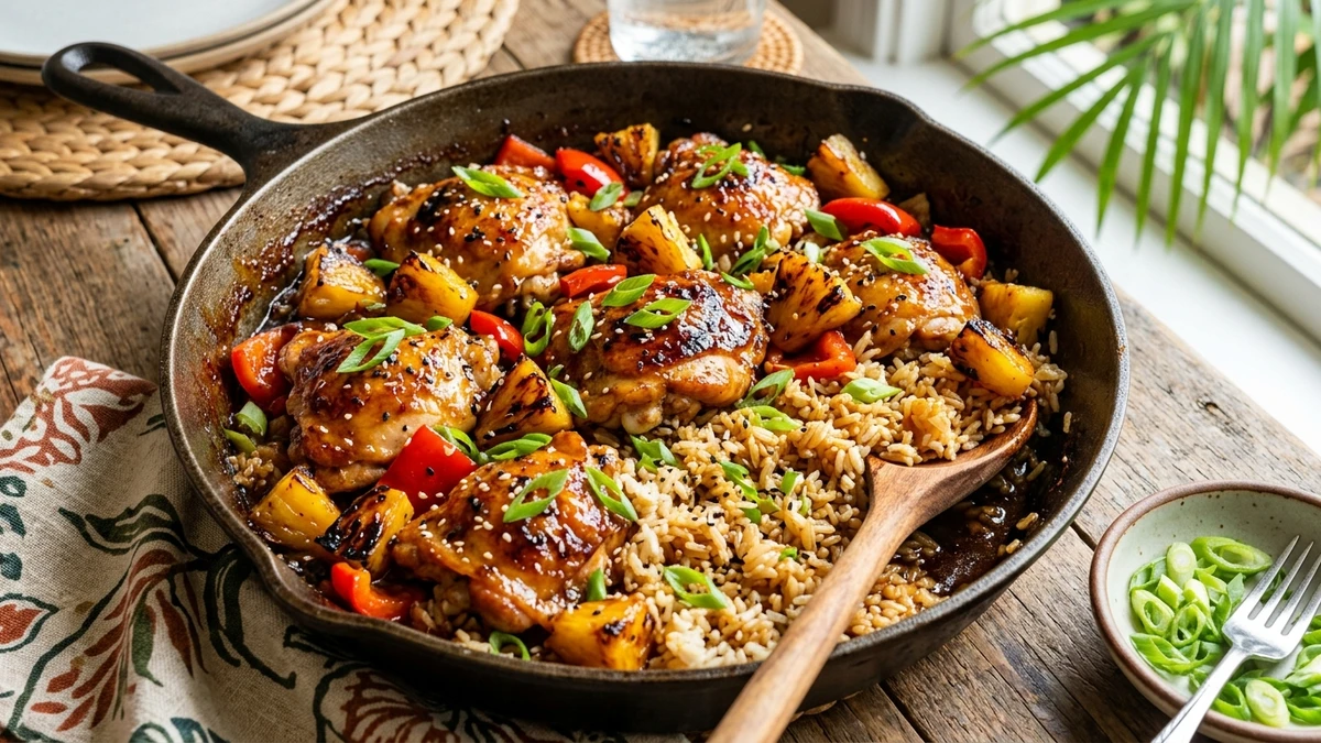 Hawaiian 1-Skillet Sweet Pineapple Chicken and Rice Recipe cooked to perfection - Yumaroma