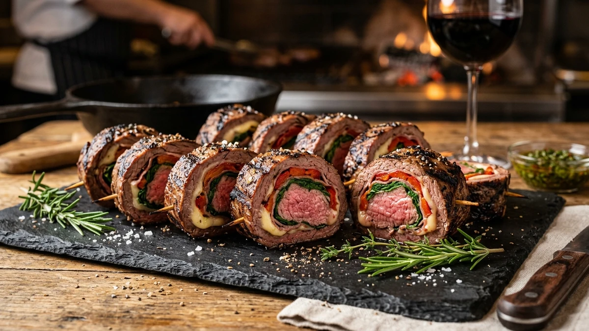 Stuffed Flank Steak Pinwheels with Provolone and Spinach cooked to perfection - Yumaroma