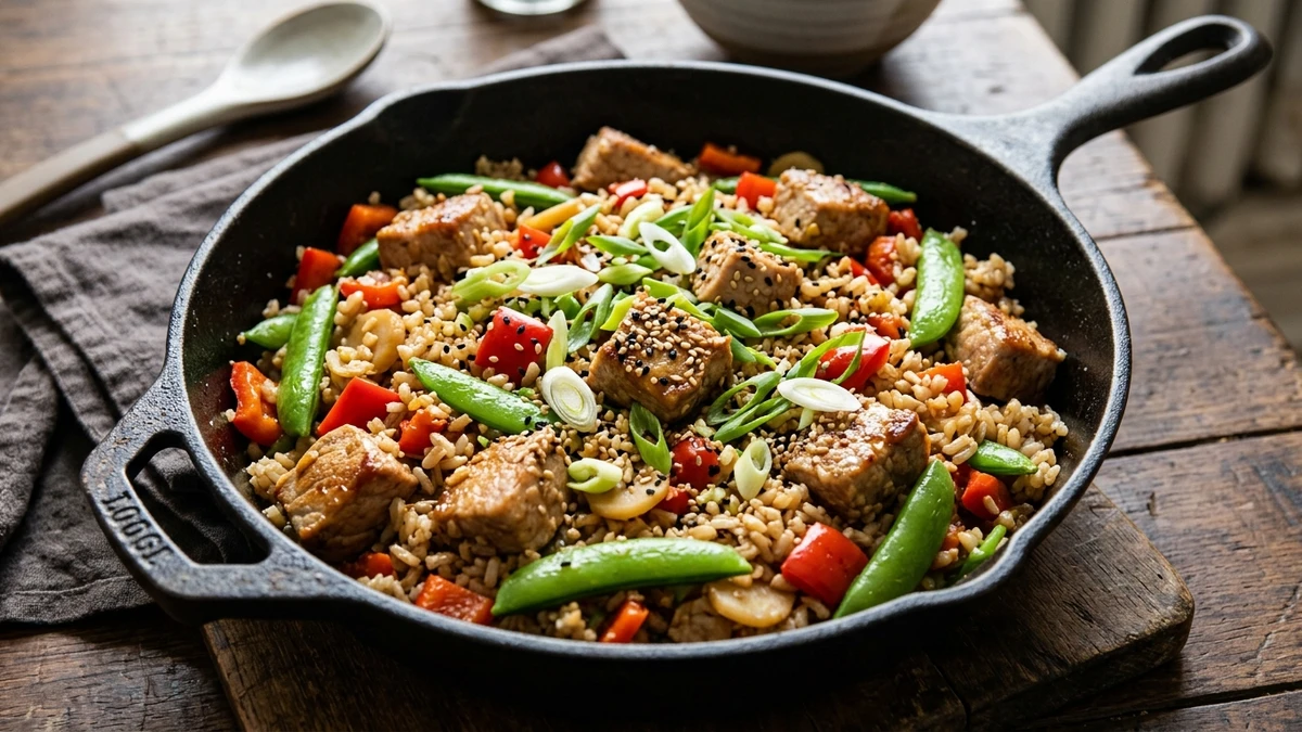 Savory Pork and Brown Rice Skillet cooked to perfection - Yumaroma