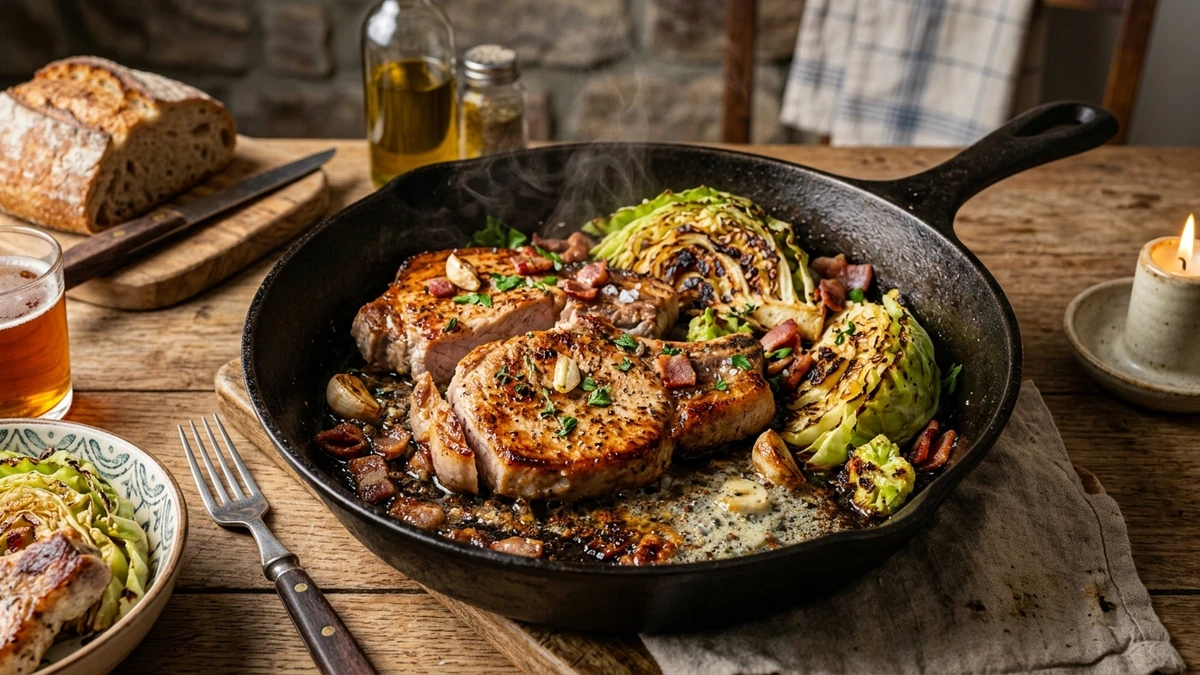 Sizzling Garlic Butter Pork and Sautéed Cabbage Skillet Recipe cooked to perfection - Yumaroma
