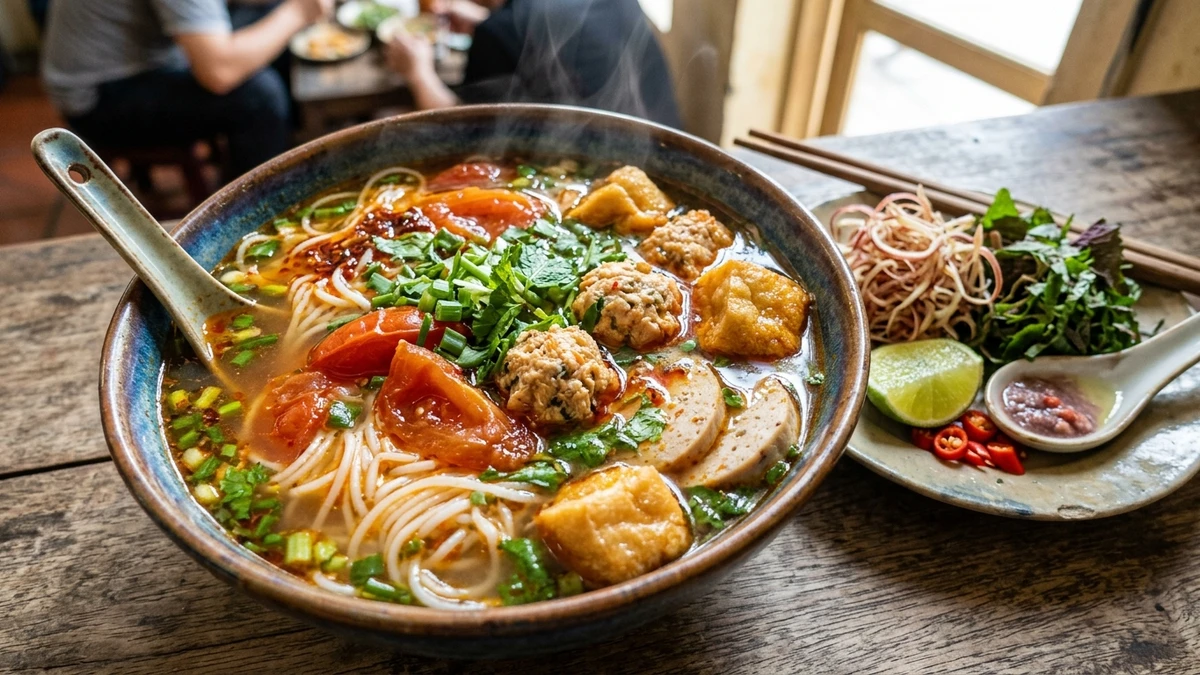 Authentic Vietnamese Crab and Tomato Noodle Soup (Bún Riêu Cua) cooked to perfection - Yumaroma