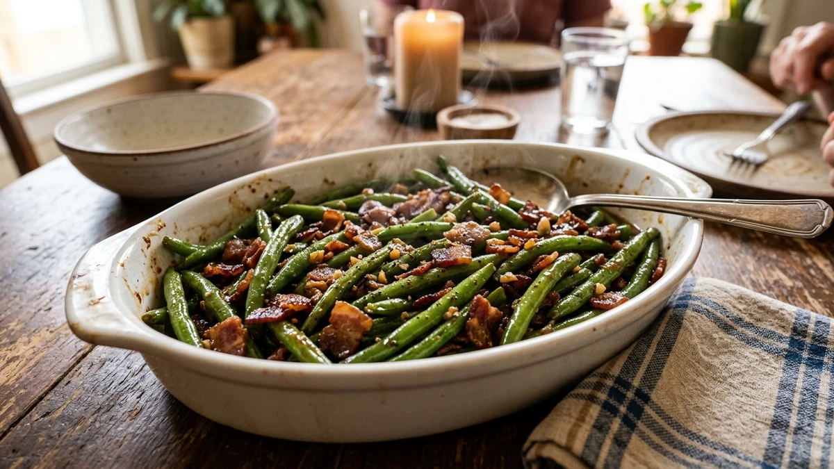 Sweet & Savory Bacon Brown Sugar Crack Green Beans Recipe cooked to perfection - Yumaroma
