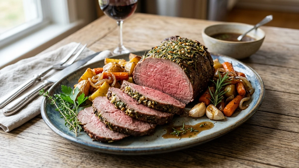 Tender Garlic Herb Eye of Round Roast Beef Recipe cooked to perfection - Yumaroma