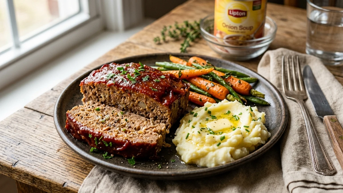 Lipton Onion Soup Meatloaf Recipe cooked to perfection - Yumaroma