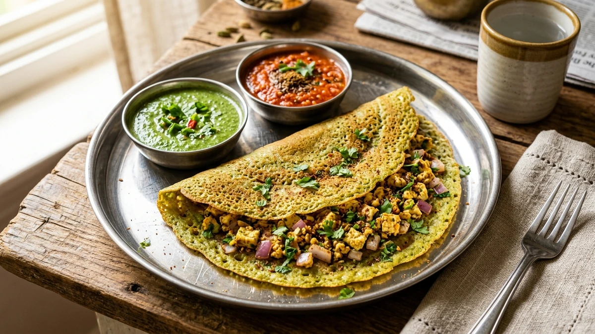 Crispy High-Protein Green Moong Dal Chilla Recipe cooked to perfection - Yumaroma