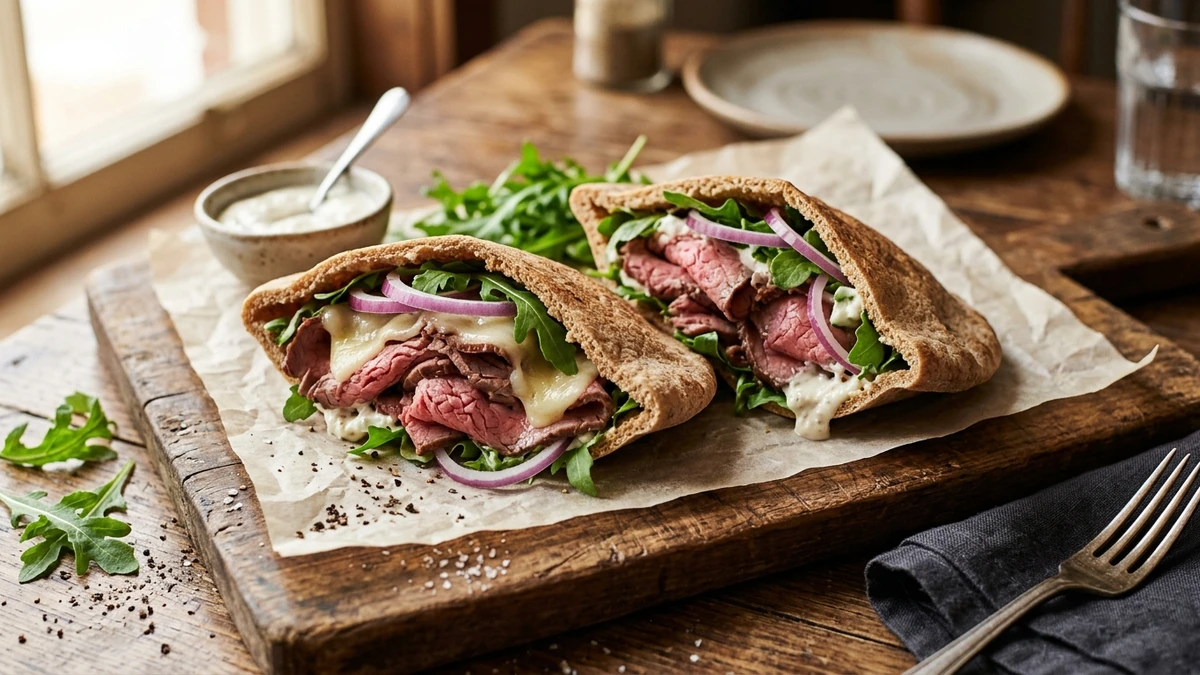 Warm Roast Beef Pita with Creamy Horseradish Sauce cooked to perfection - Yumaroma