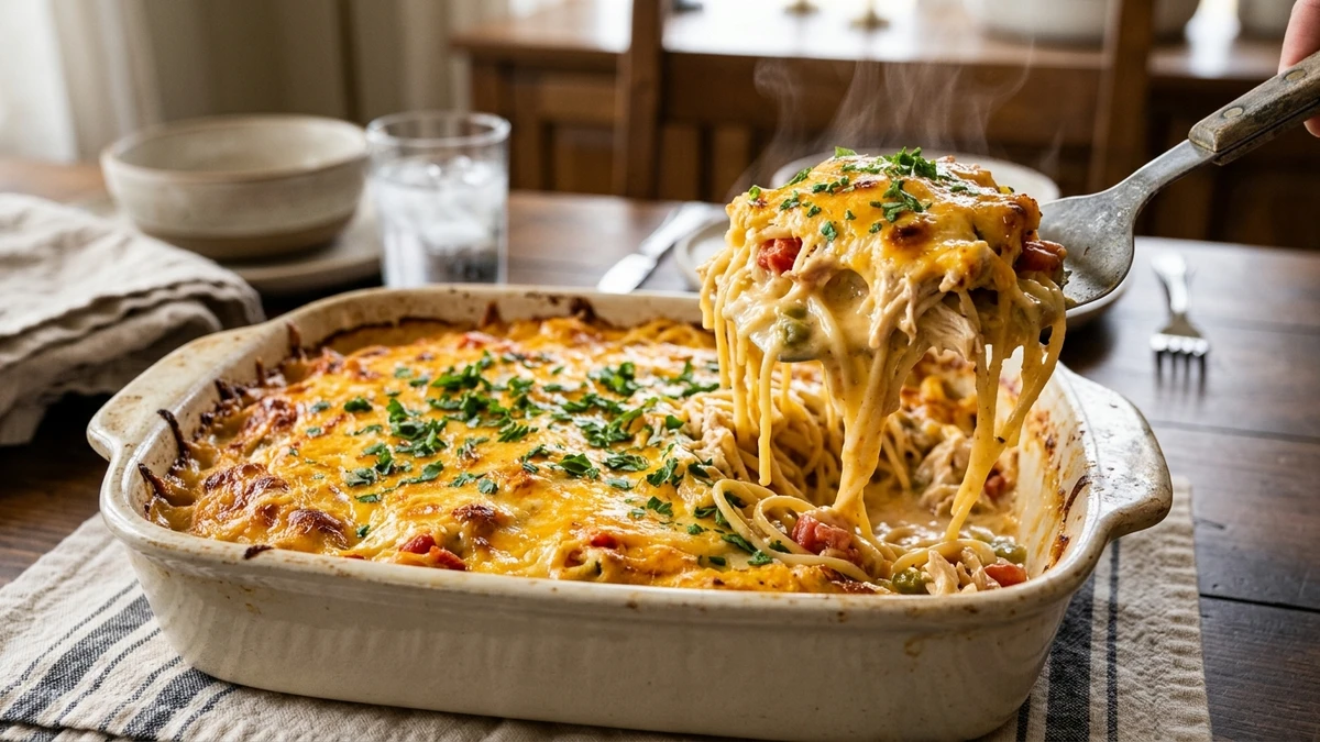 Cheesy Southern Rotel Chicken Spaghetti Recipe (30-Minute Bake) cooked to perfection - Yumaroma