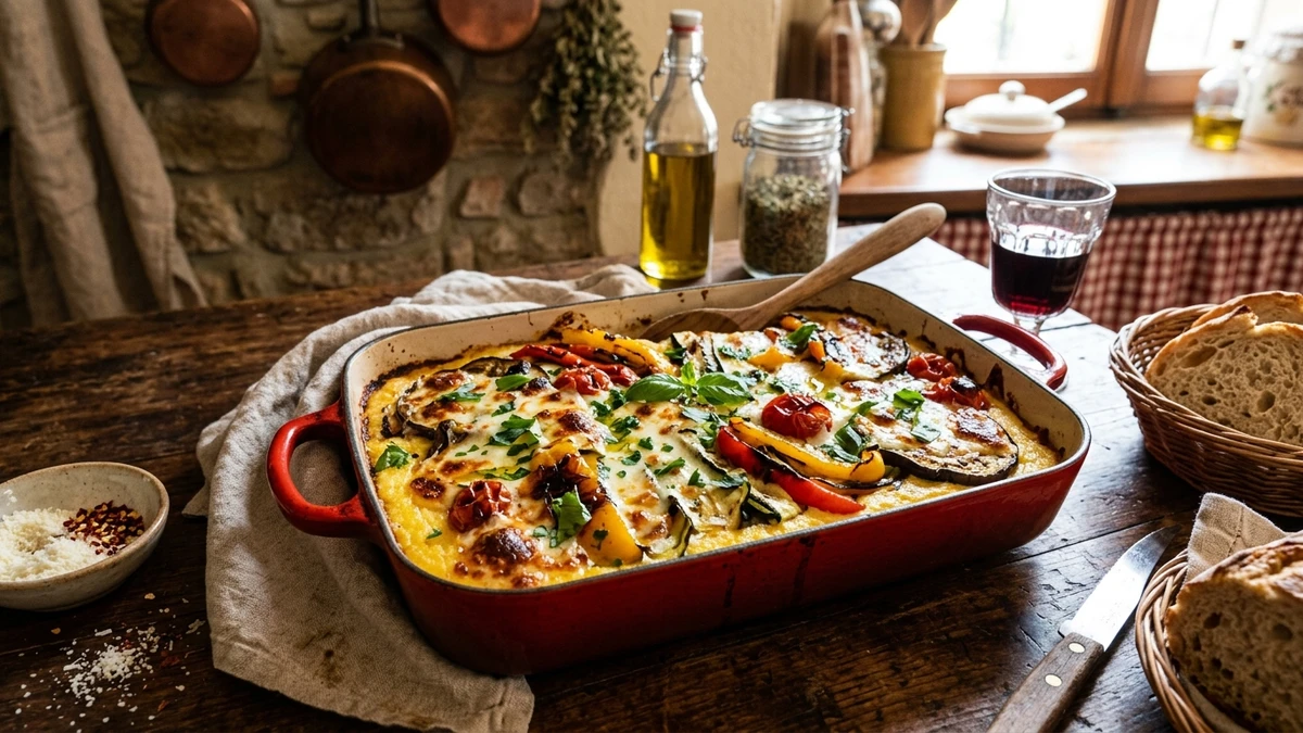 Rustic Grilled Vegetable & Creamy Polenta Casserole Recipe cooked to perfection - Yumaroma