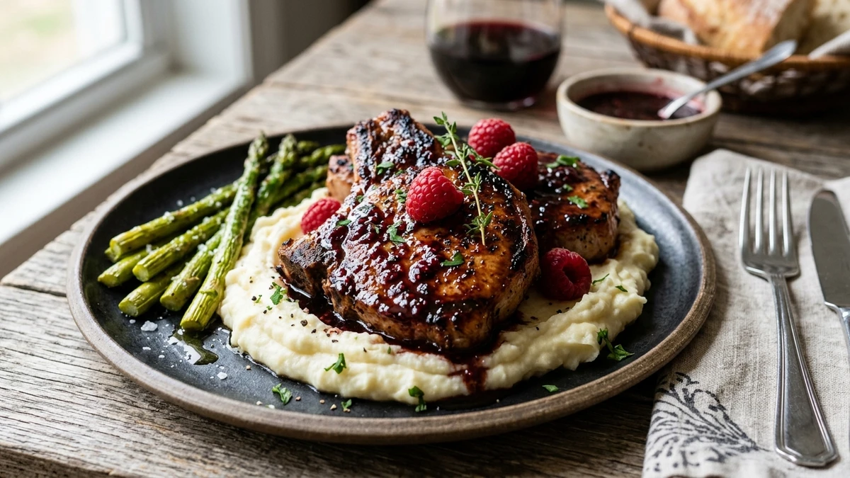 Savory Raspberry Balsamic Glazed Pork Chops Recipe cooked to perfection - Yumaroma