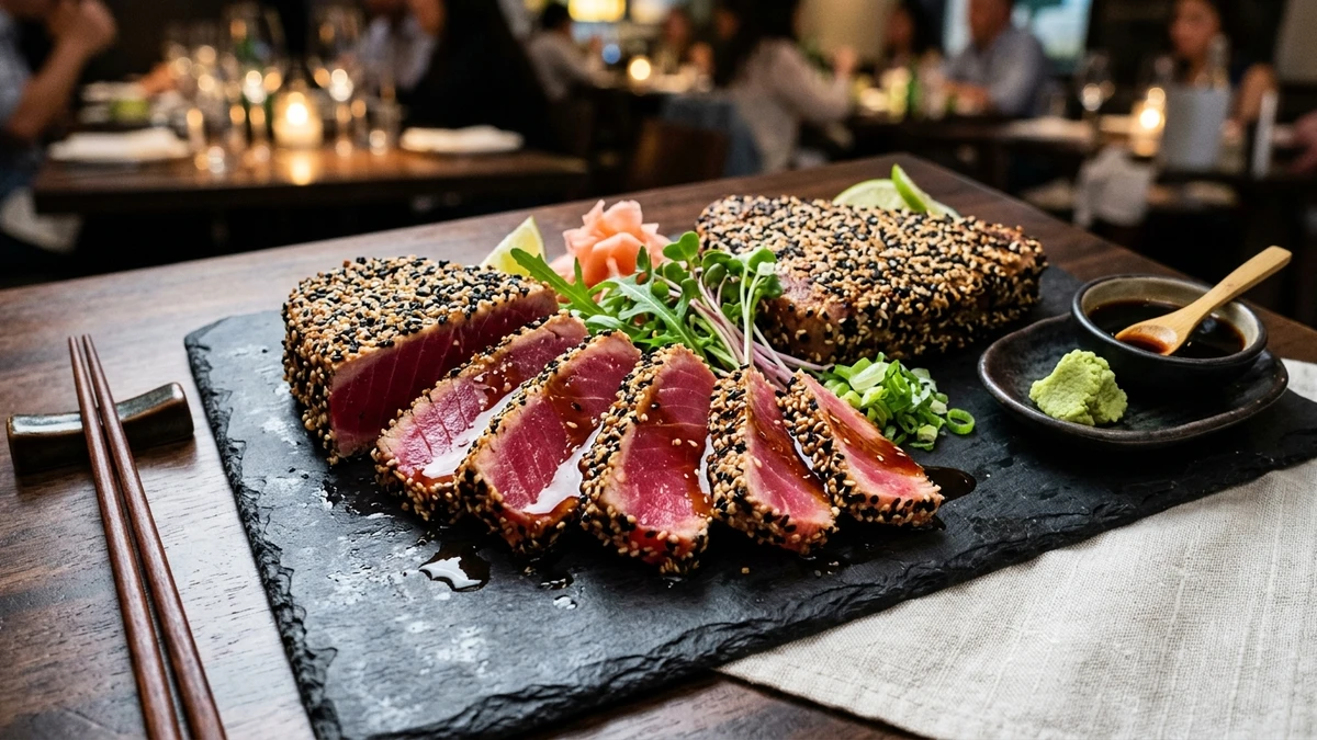 Sesame-Crusted Seared Ahi Tuna Steaks with Soy Ginger Glaze cooked to perfection - Yumaroma