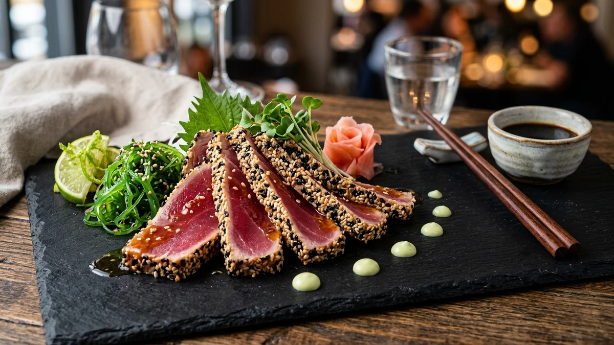 Sesame-Crusted Seared Ahi Tuna Steaks Recipe (Restaurant Style) cooked to perfection - Yumaroma