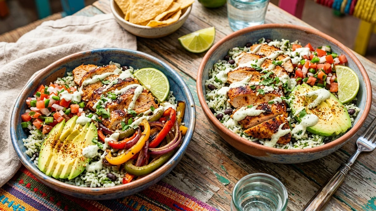 Crispy Sheet Pan Chicken Fajita Bowls with Lime Crema Recipe cooked to perfection - Yumaroma