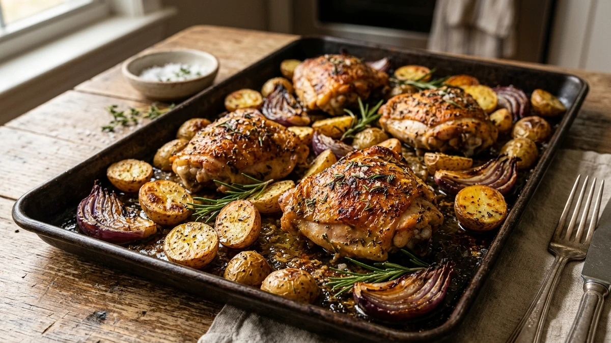 Crispy Sheet Pan Garlic Herb Chicken Thighs with Potatoes cooked to perfection - Yumaroma