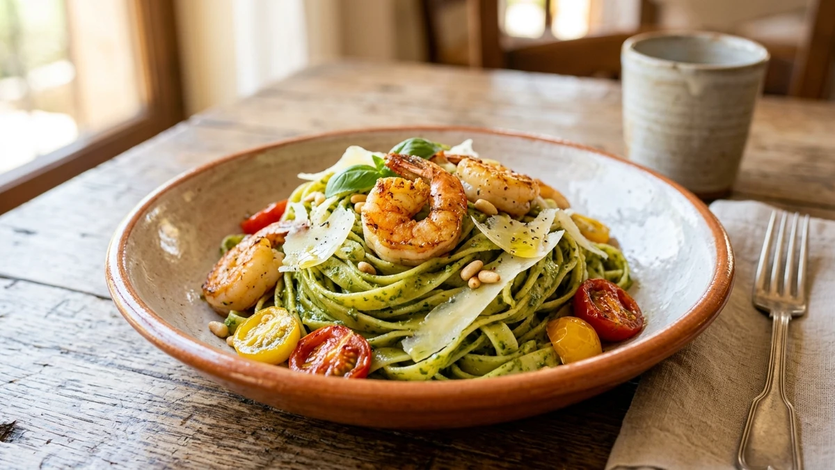 20-Minute Garlic Butter Shrimp & Basil Pesto Pasta cooked to perfection - Yumaroma