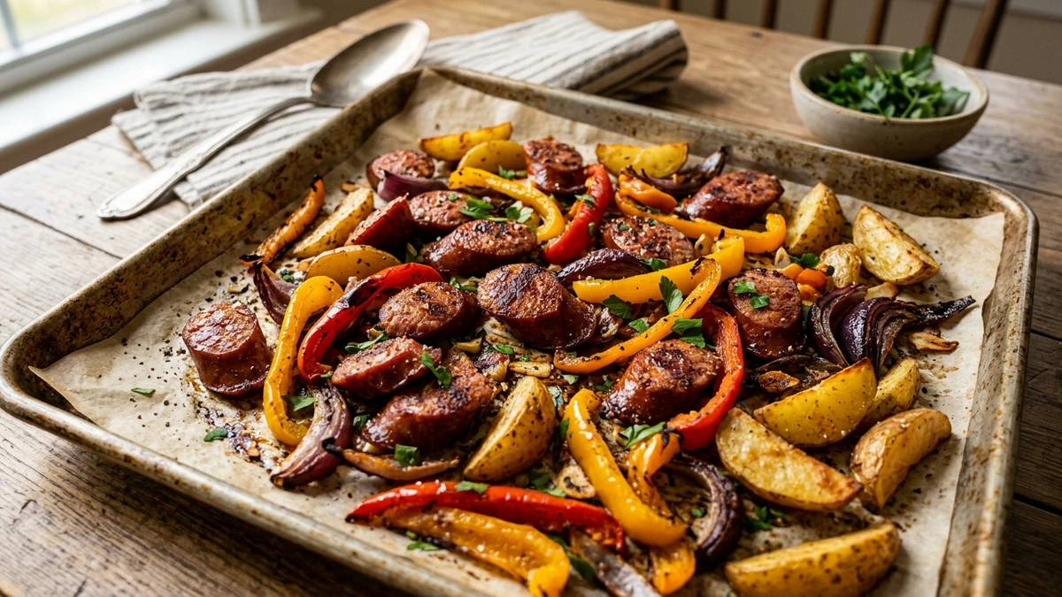 Sizzling Sheet Pan Smoked Beef Sausage & Peppers Recipe cooked to perfection - Yumaroma