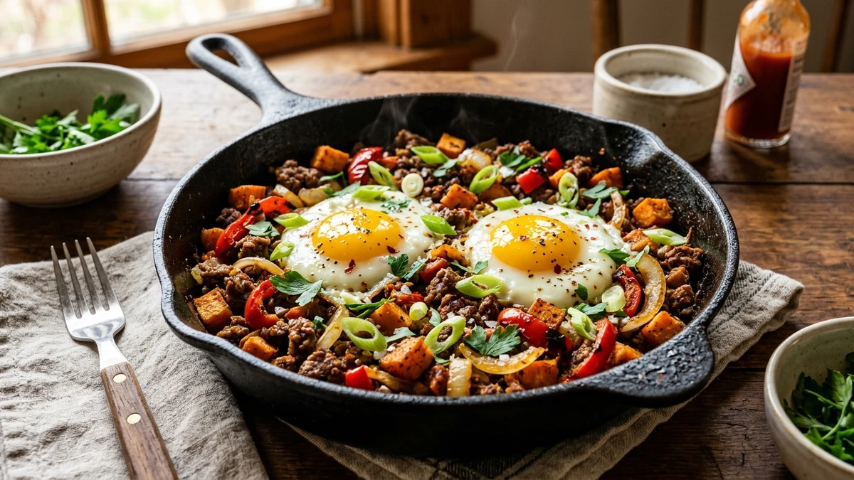 One-Skillet Ground Beef and Sweet Potato Hash Recipe cooked to perfection - Yumaroma