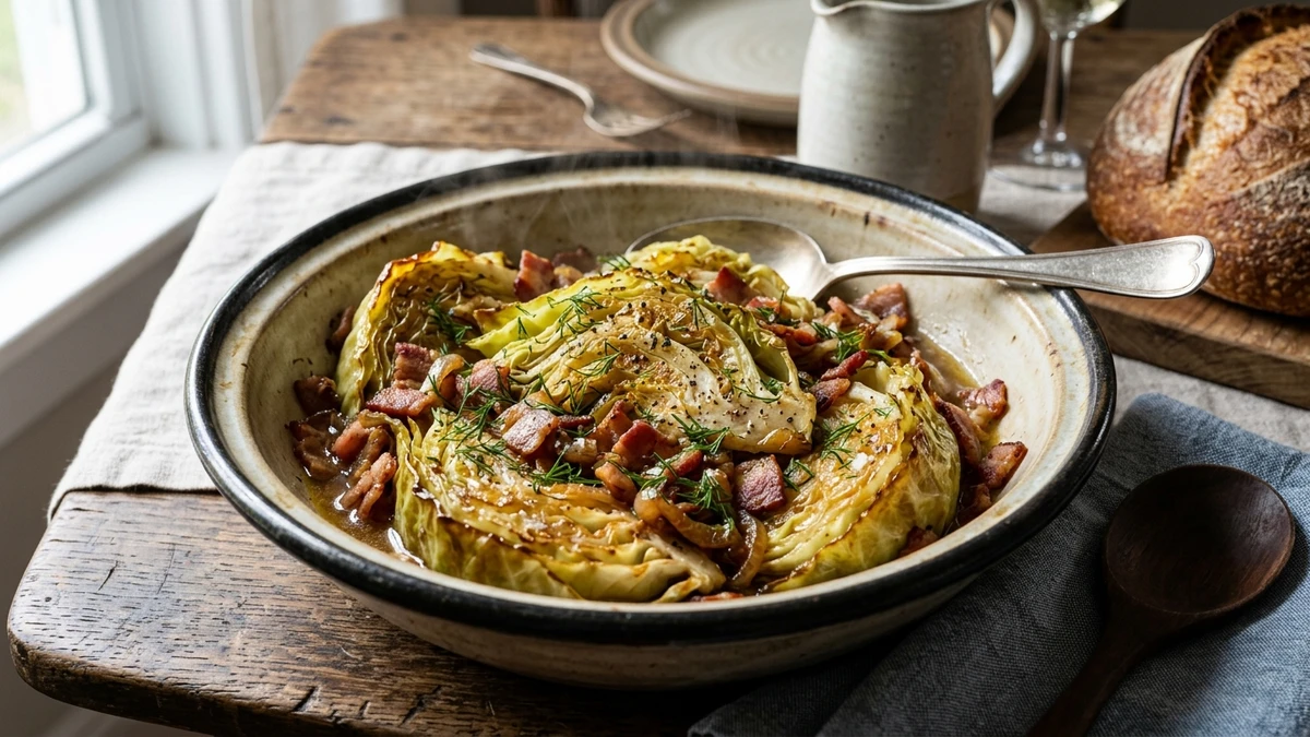Slow Cooker Bacon & Butter Braised Cabbage Recipe cooked to perfection - Yumaroma