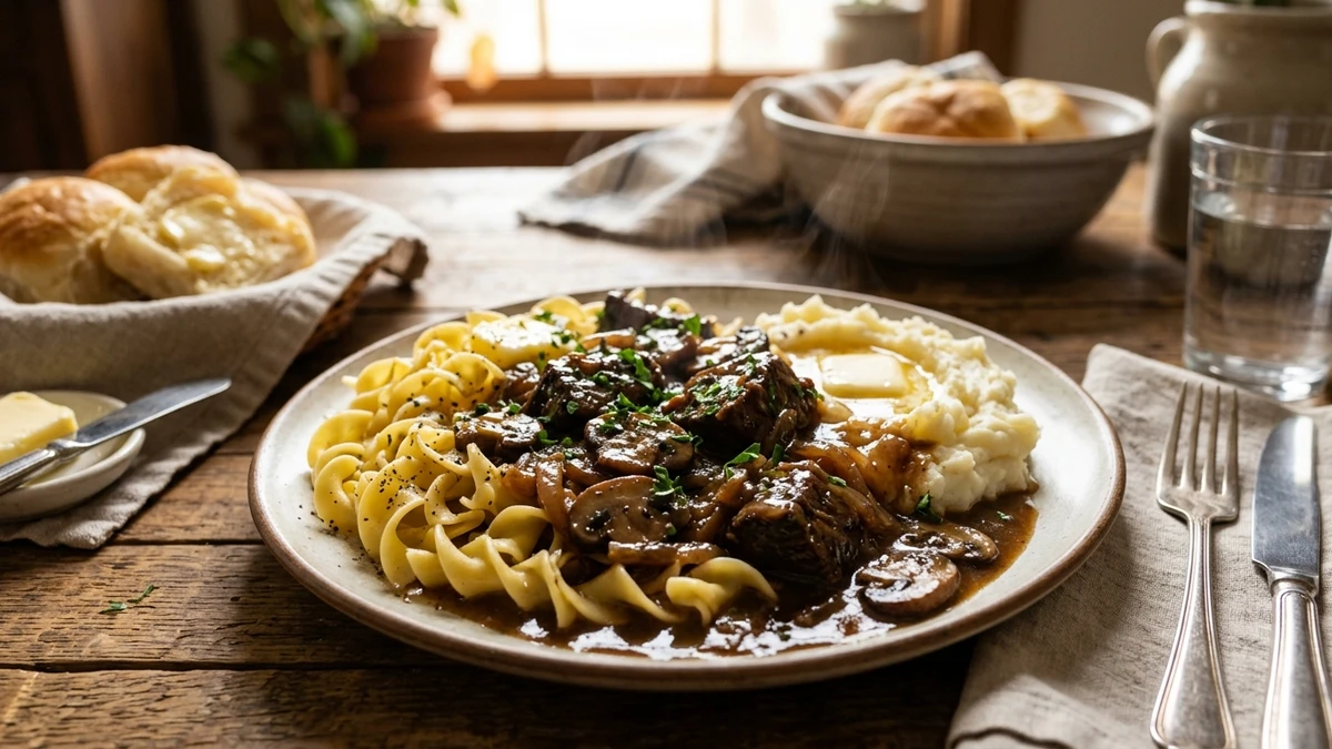 Slow Cooker Tender Beef Tips in Rich Brown Gravy Recipe cooked to perfection - Yumaroma