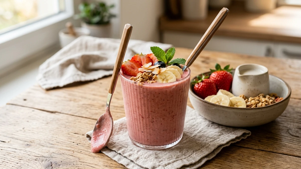 Creamy Strawberry Banana Smoothie Without Yogurt Recipe cooked to perfection - Yumaroma