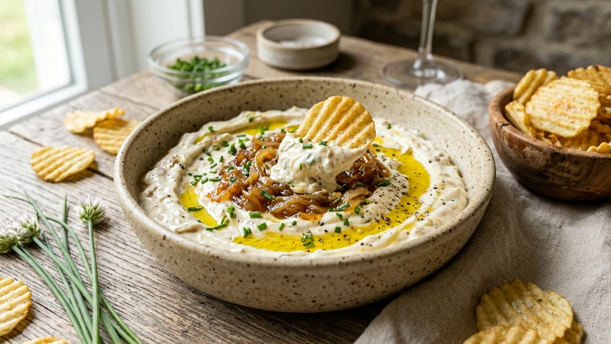 Homemade Caramelized French Onion & Sour Cream Dip Recipe cooked to perfection - Yumaroma