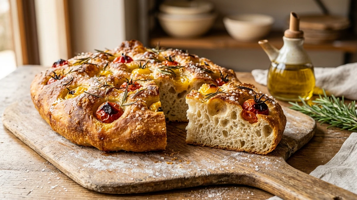 Easy Sourdough Discard Focaccia Recipe (Flaky Olive Oil Crust) cooked to perfection - Yumaroma