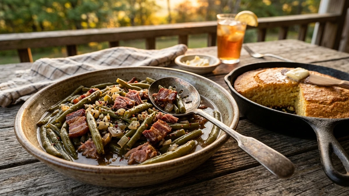 Southern-Style Country Snap Green Beans with Bacon Recipe cooked to perfection - Yumaroma