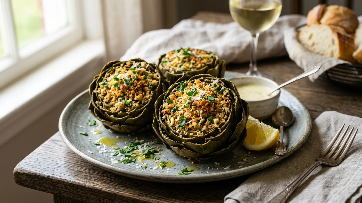 Italian Breadcrumb & Garlic Stuffed Artichokes Recipe cooked to perfection - Yumaroma