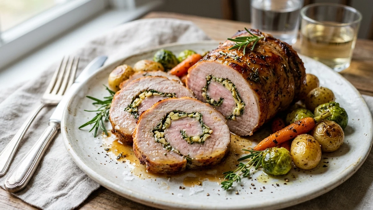 Garlic Herb Stuffed Pork Loin Recipe cooked to perfection - Yumaroma