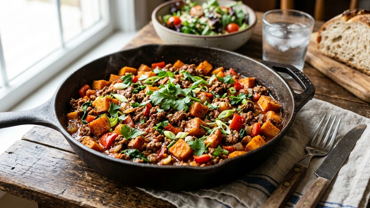 Savory Sweet Potato & Ground Beef Skillet Recipe cooked to perfection - Yumaroma