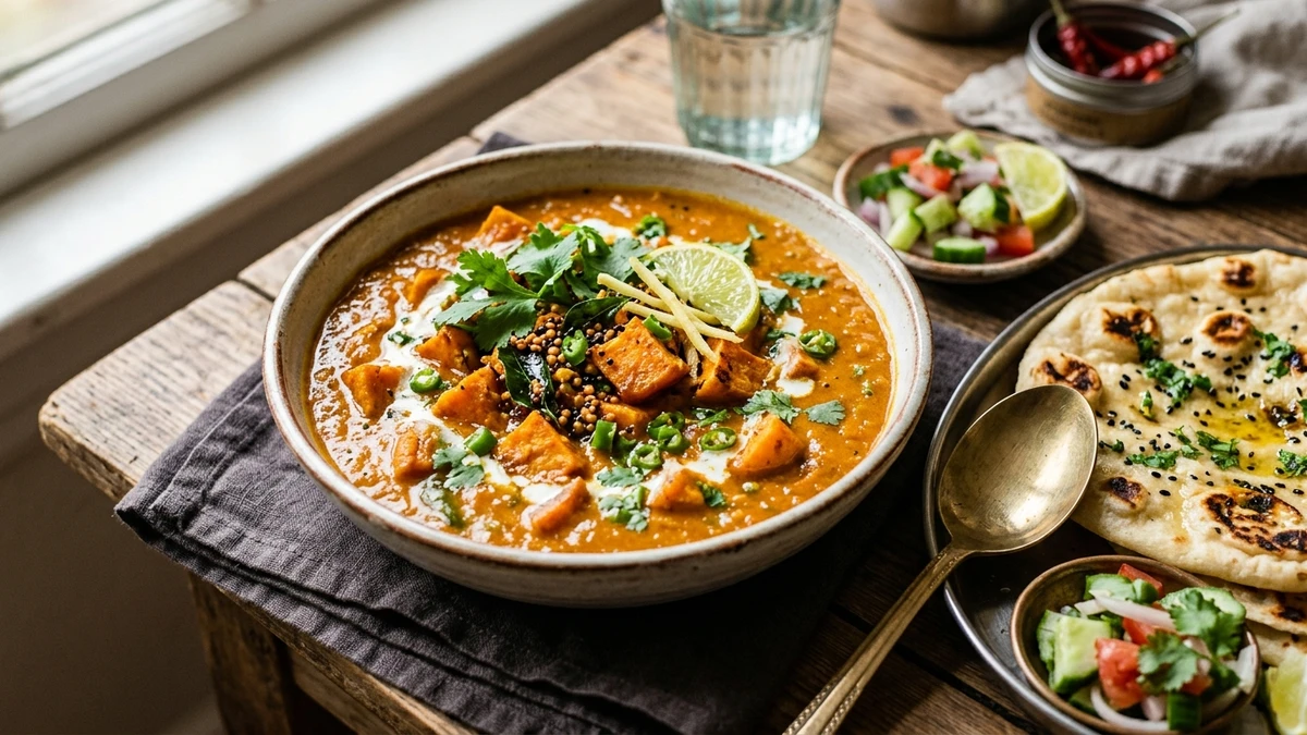 Spicy Indian Sweet Potato Curry Recipe (Shakarkandi Curry) cooked to perfection - Yumaroma
