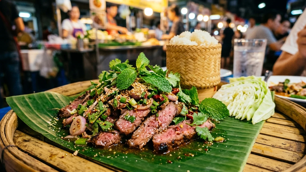 Thai Spicy Grilled Beef Salad with Fresh Mint Recipe (Nam Tok Neua) cooked to perfection - Yumaroma