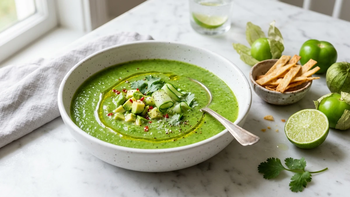 Chilled Green Tomatillo Gazpacho cooked to perfection - Yumaroma