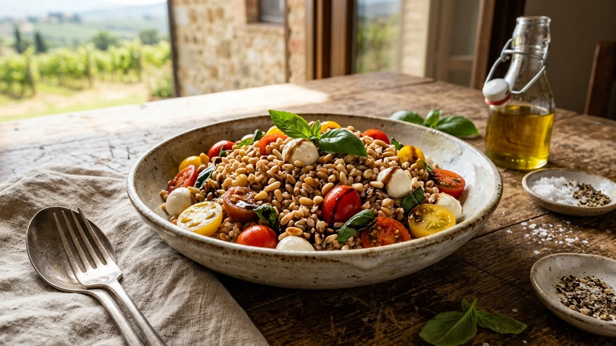 Tuscan Caprese Farro Salad with Fresh Mozzarella Recipe cooked to perfection - Yumaroma