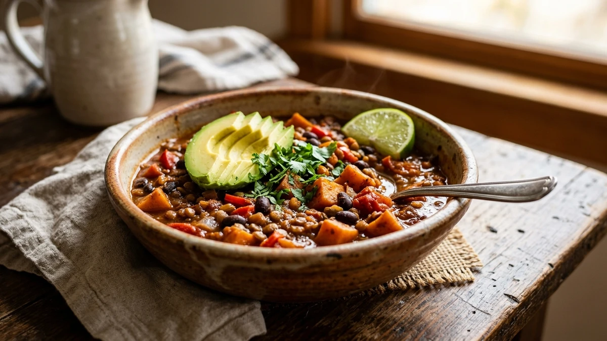 Slow Cooker Vegetarian Sweet Potato Lentil Chili - YumaRoma Recipe
