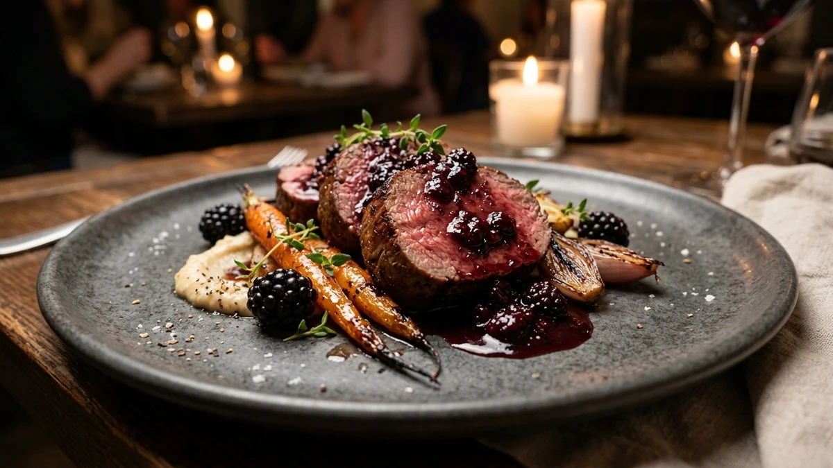 Pan-Seared Venison Tenderloin with Blackberry Wine Reduction cooked to perfection - Yumaroma