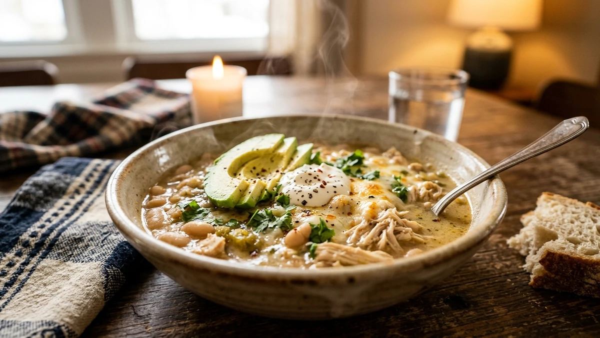 Creamy White Chicken Chili Recipe (No Corn / Corn-Free) cooked to perfection - Yumaroma