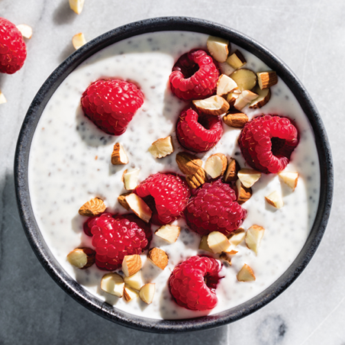 OVERNIGHT CHIA PUDDING WITH RASPBERRIES AND ALMONDS