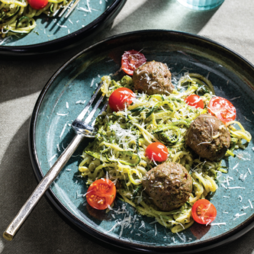 Zucchini Noodles With Pesto Meatballs