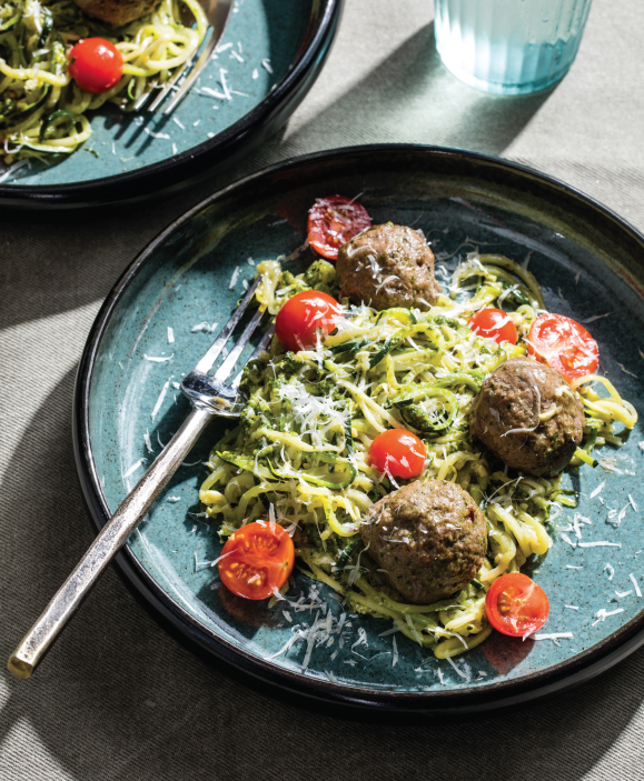 Zucchini Noodles With Pesto Meatballs