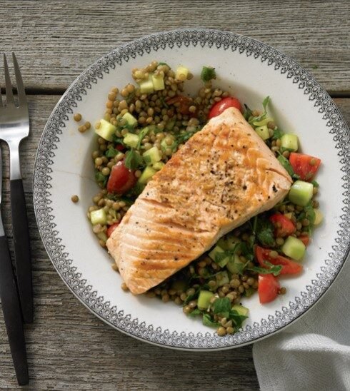 Grilled Salmon With Lentil Tabbouleh